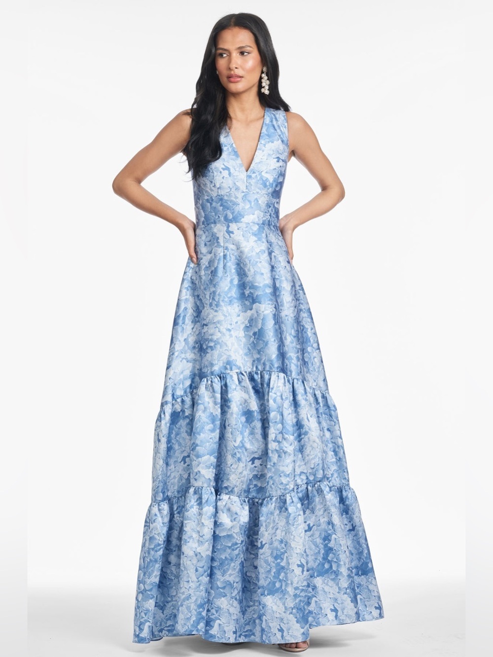 new Sachin and Babi Rori v neck mikado tiered gown in hydrangea blooms blue